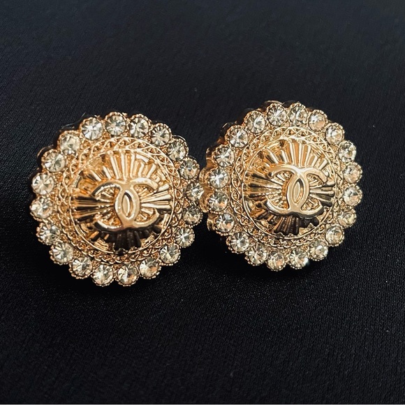 Upcycled Jewelry - Luxury Gold/Rhinestone Upcycled Logo Button Earrings 20mm